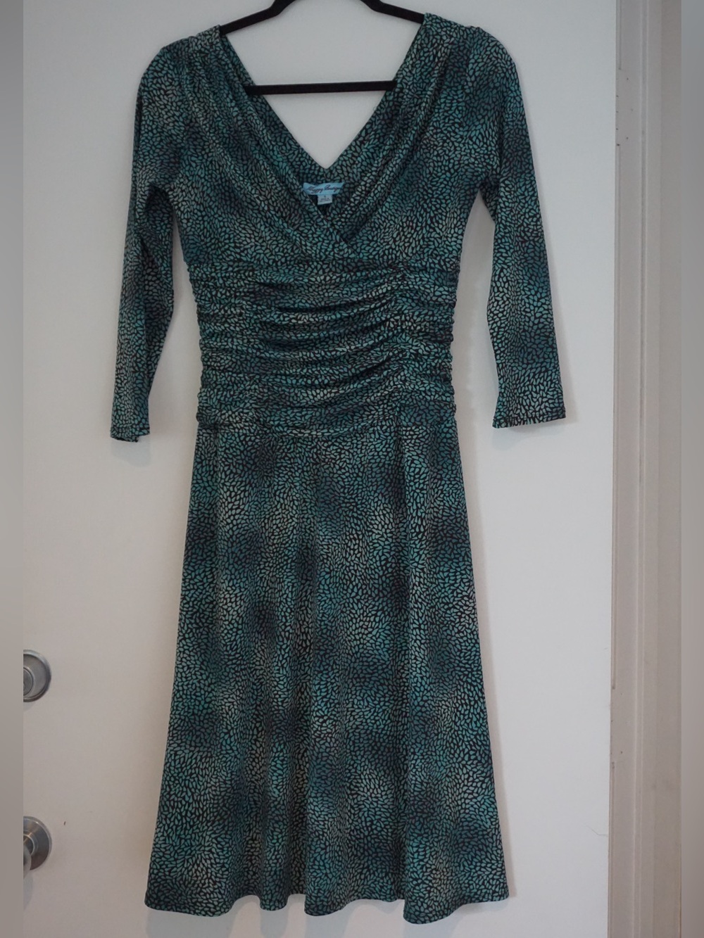 Suzi Chin for Maggy Boutique Teal Patterned V-Neck Ruched Dress